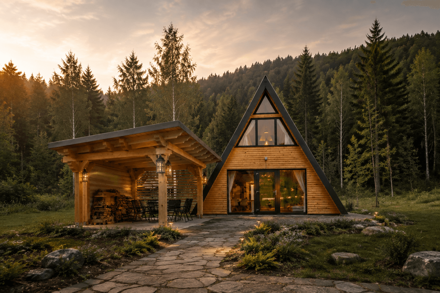 Cabană A-frame din lemn într-un peisaj montan