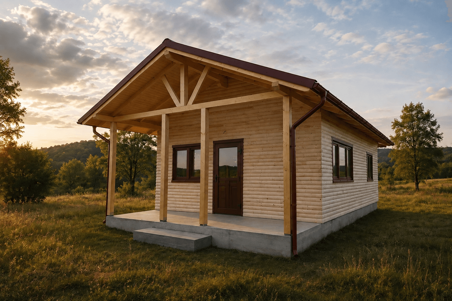 Cabană din lemn de 30 m² finalizată, cu terasă acoperită