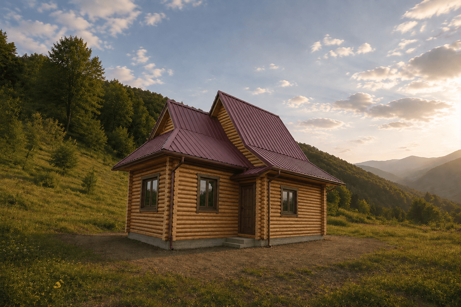 Cabană din bușteni finalizată într-un peisaj natural
